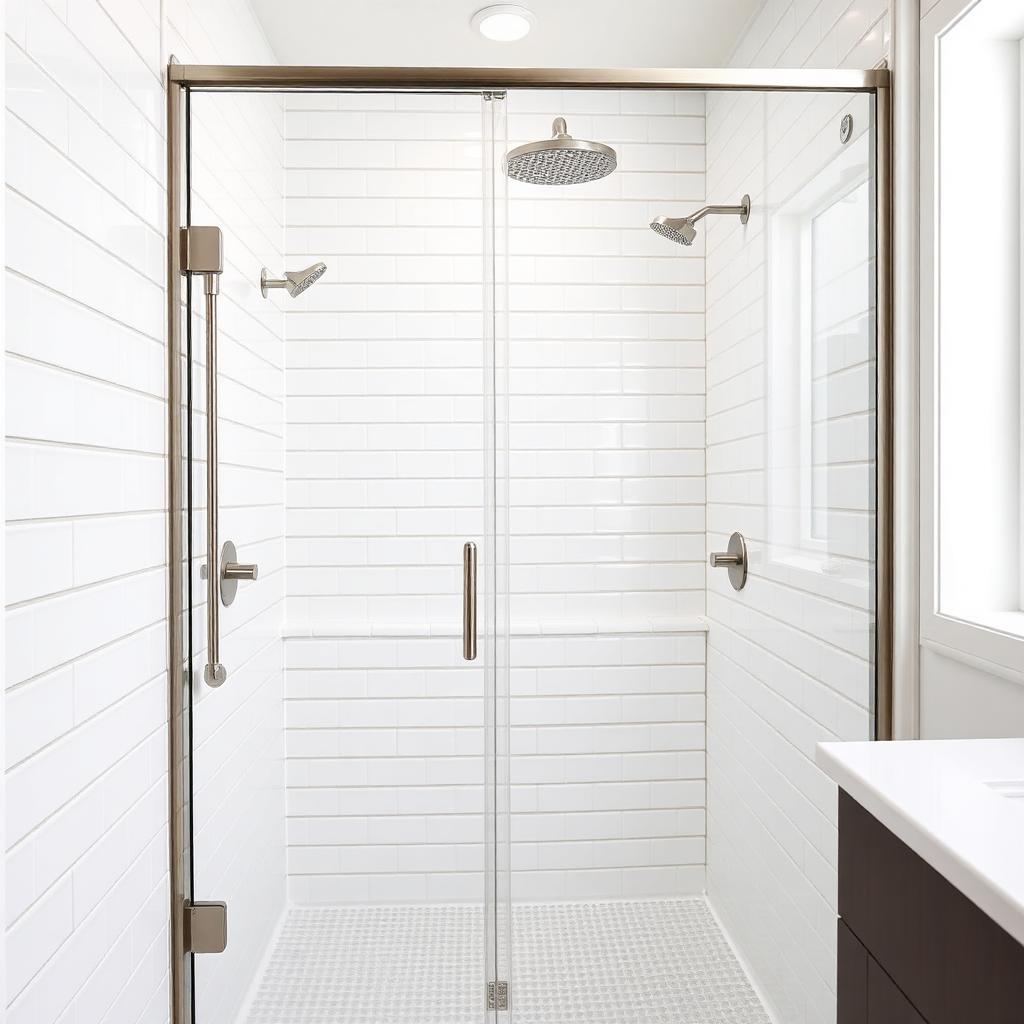 White subway tile shower with glass enclosure