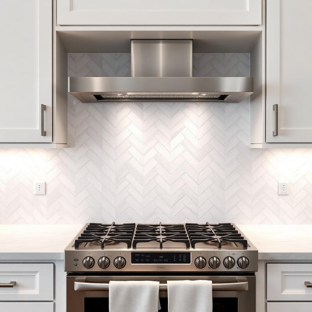 White herringbone marble kitchen backsplash