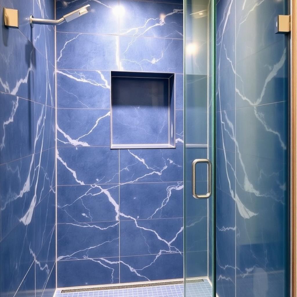 Walk-in shower with blue marble tile and recessed niche