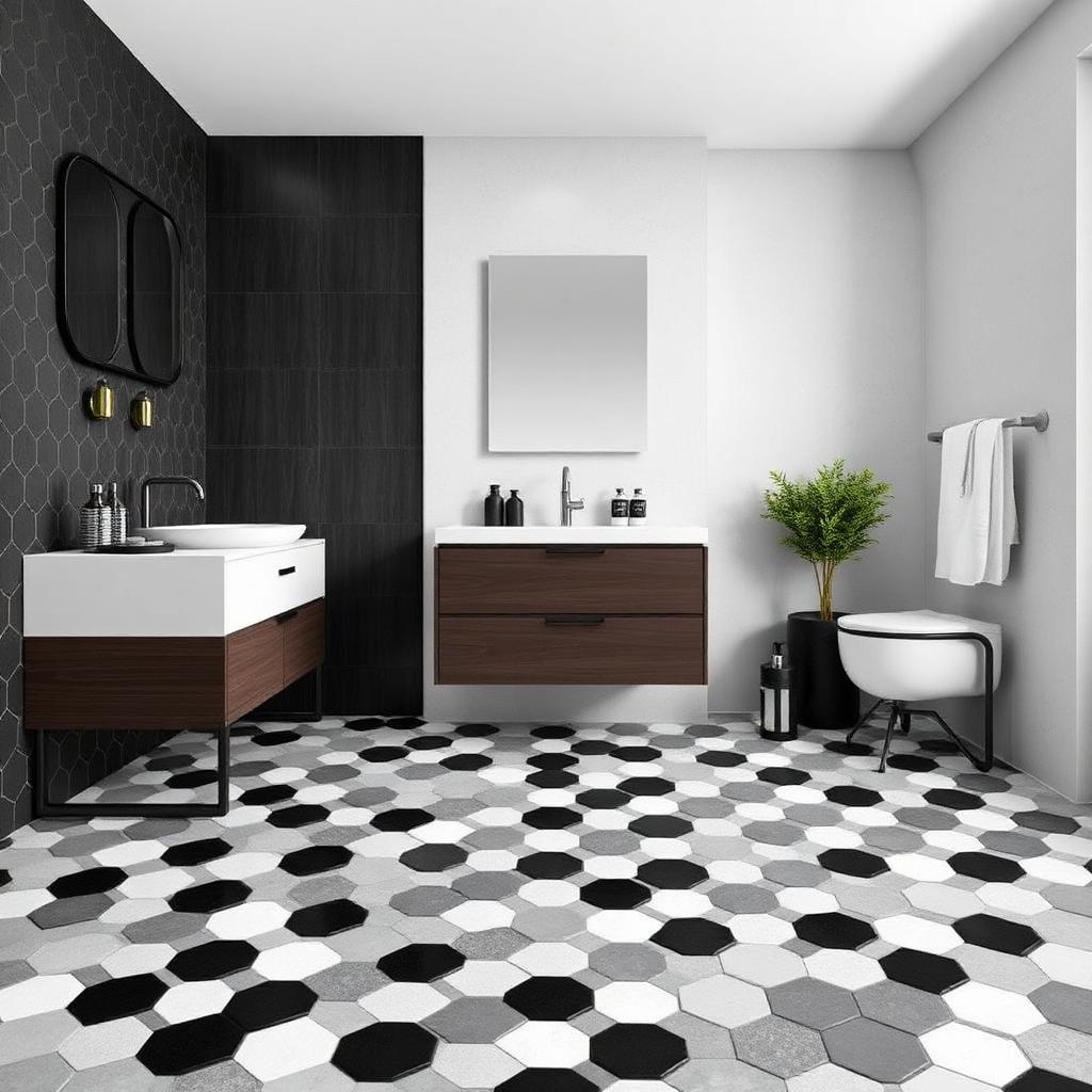 Hexagon mosaic bathroom floor in black and white